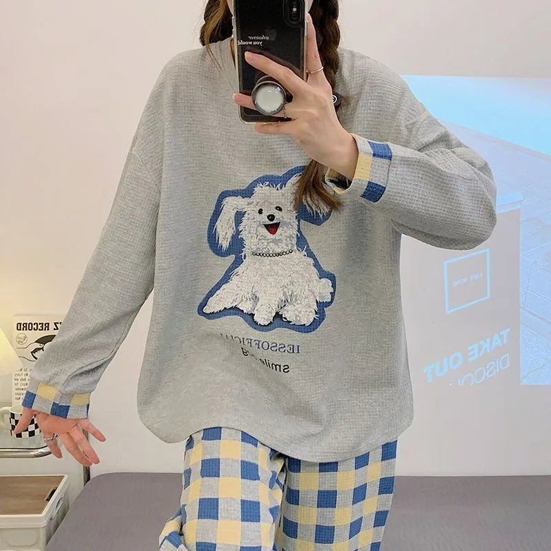 Women Pajamas Spring Female Long Sleeve Korean Style Cartoon Bear Waffle Cotton Homewear Suit Loose Casual Sleepwear Set 2024
