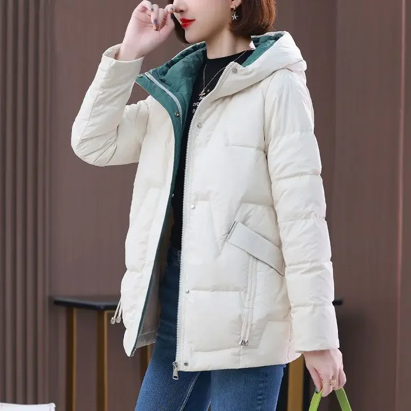 Quilted Padded Women\'s Jackets Patchwork Female Coats Duck Down Hoodie Long Padding Thick Overcoat Korean 2024 Aesthetic Elegant