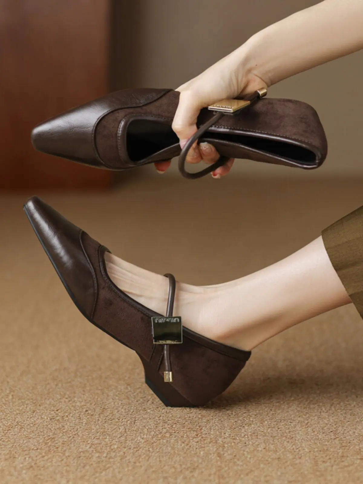 New Style Shallow Mouth Mid Heel Women's Mary Jane Shoes Spring Summer Pointed Toe Shoes Casual Slip On Footwear Plus Size 43