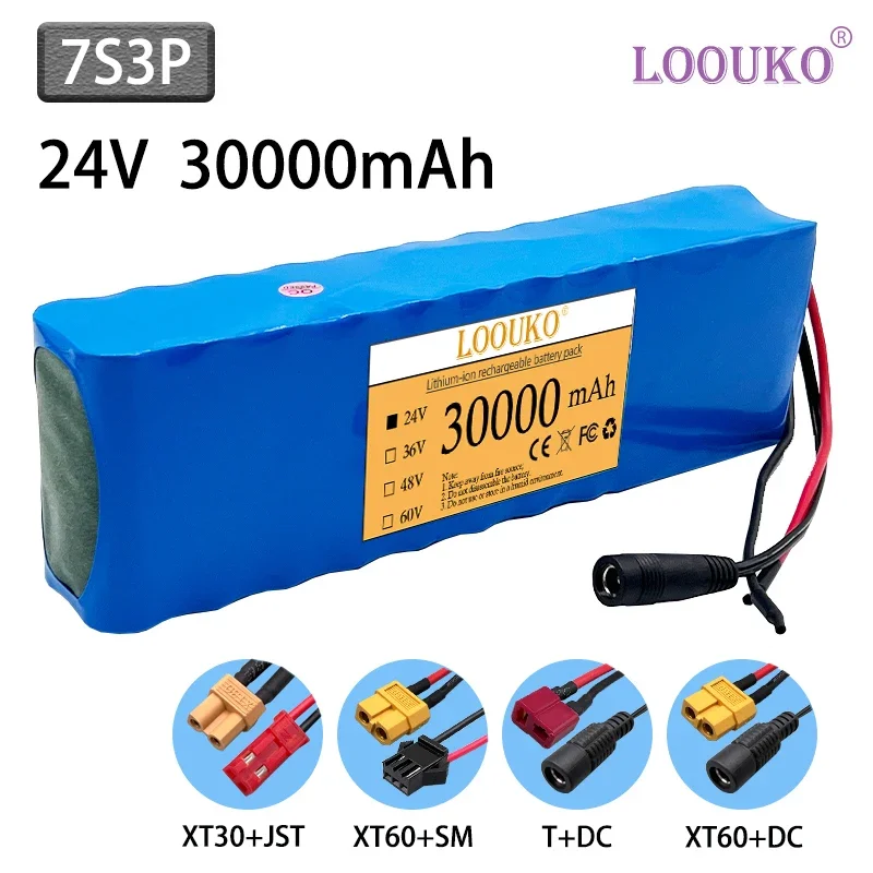 LOOUKO 7S3P 24V 30Ah 18650 Lithium Ion Rechargeable Battery Pack 250W 350W 29.4V 30000mAh For Electric Bicycle Moped With BMS