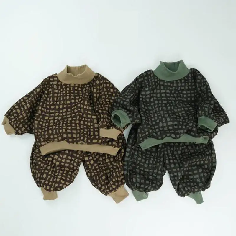 

2025 Winter New Children Fleece Plaid Sweatshirt Set Corduroy Boys Girls Plus Velvet Thick Lantern Pants Warm Suit Kids Outfits