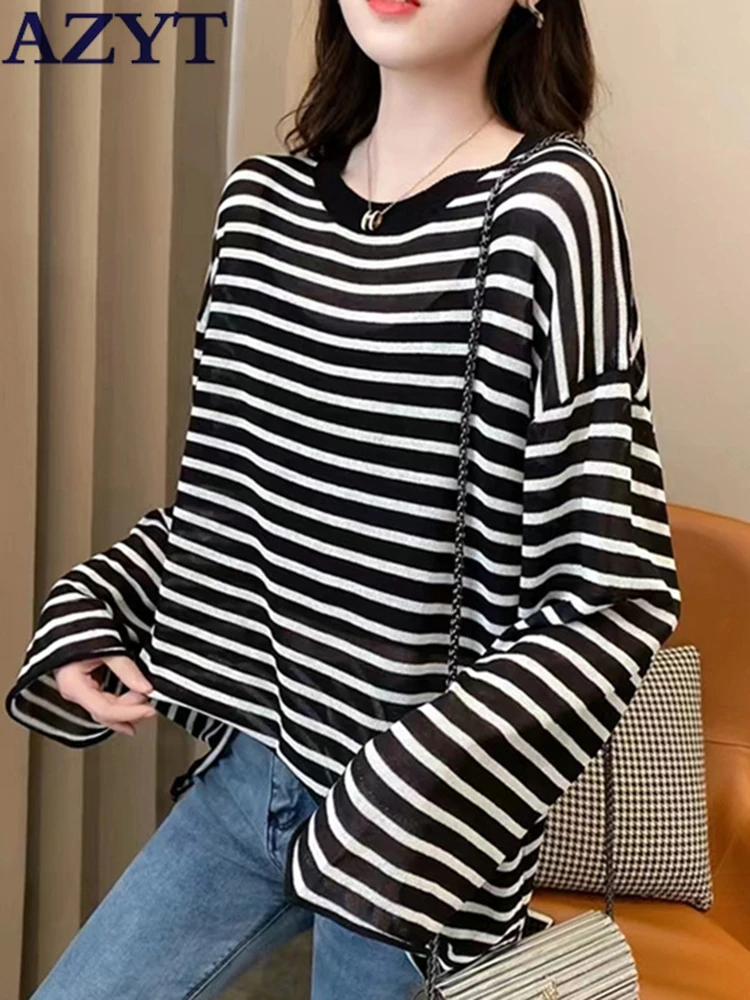 

AZYT O Neck Loose Stripe Knitwear Pullovers Women Summer Long Sleeve Thin Knit Jumper Female Casual Knitwear Tops 2023