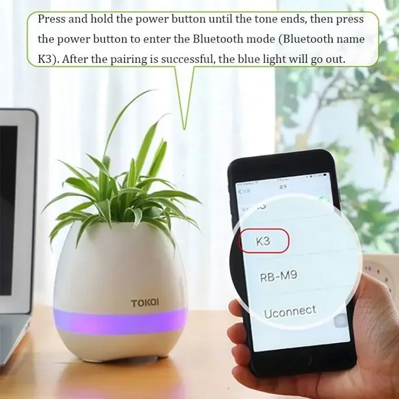 Music Flower Pots, Smart Touch Bluetooth Wireless Speaker Magic Plant Piano Pot with Multi-color LED Light,Macetas musicales
