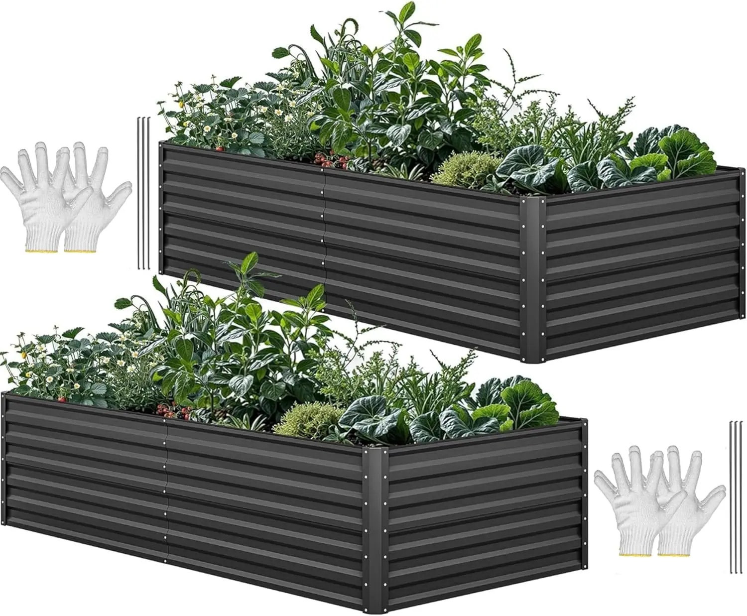 Outdoor Galvanized Black Raised Garden Bed Kit with Gloves, Safety Rubber & Support Rod for Plants and Vegetables