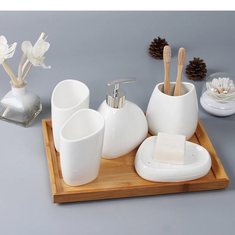 Ceramic Bathroom Accessories Set Soap Dispenser Toothbrush Holder Cup Box Tray Toilet Brush Supplies