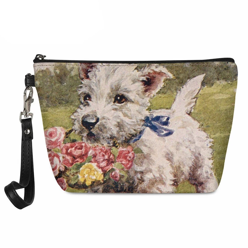 Women Cosmetic Bag Painting Westie West Highland Terrier Makeup Bags Travel Zipper Toiletry Organizer Leather Clutch Pouch