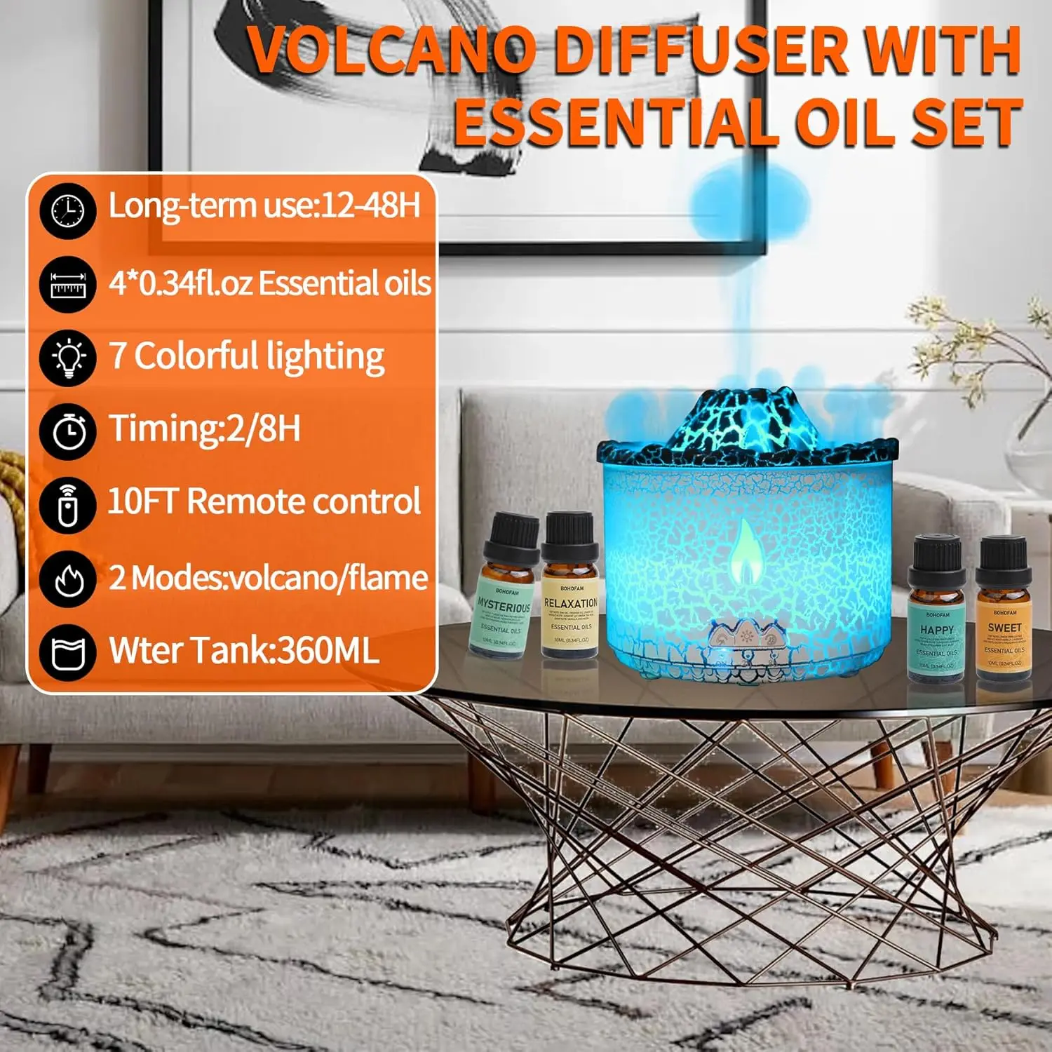 Ätherisches Öl Diffuser 360ML, Vulkan- und Flammen-Diffuser/Luftbefeuchter 2 Modi, Diffuser für Zuhause mit 7 Farbigen Lichtern, Inklusive 4