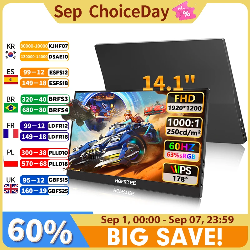 HGFRTEE Protable Monitor 14.1 Inch Full HD 1200P 16:10 Dual Speakers Dual Type-c and MINI HDMI for Mac PC Phone Xbox PS5 Switch