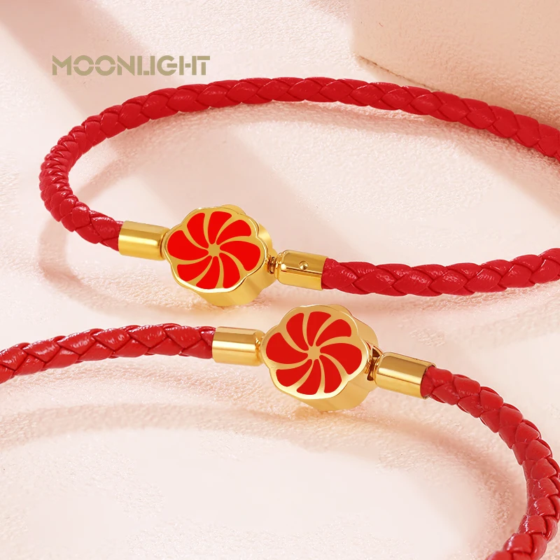 MOONLIGHT Genuine Braided Leather Bracelet for Woman Pink Flowers Charm Wristband Bracelet Fashion Accessories Girl Gifts