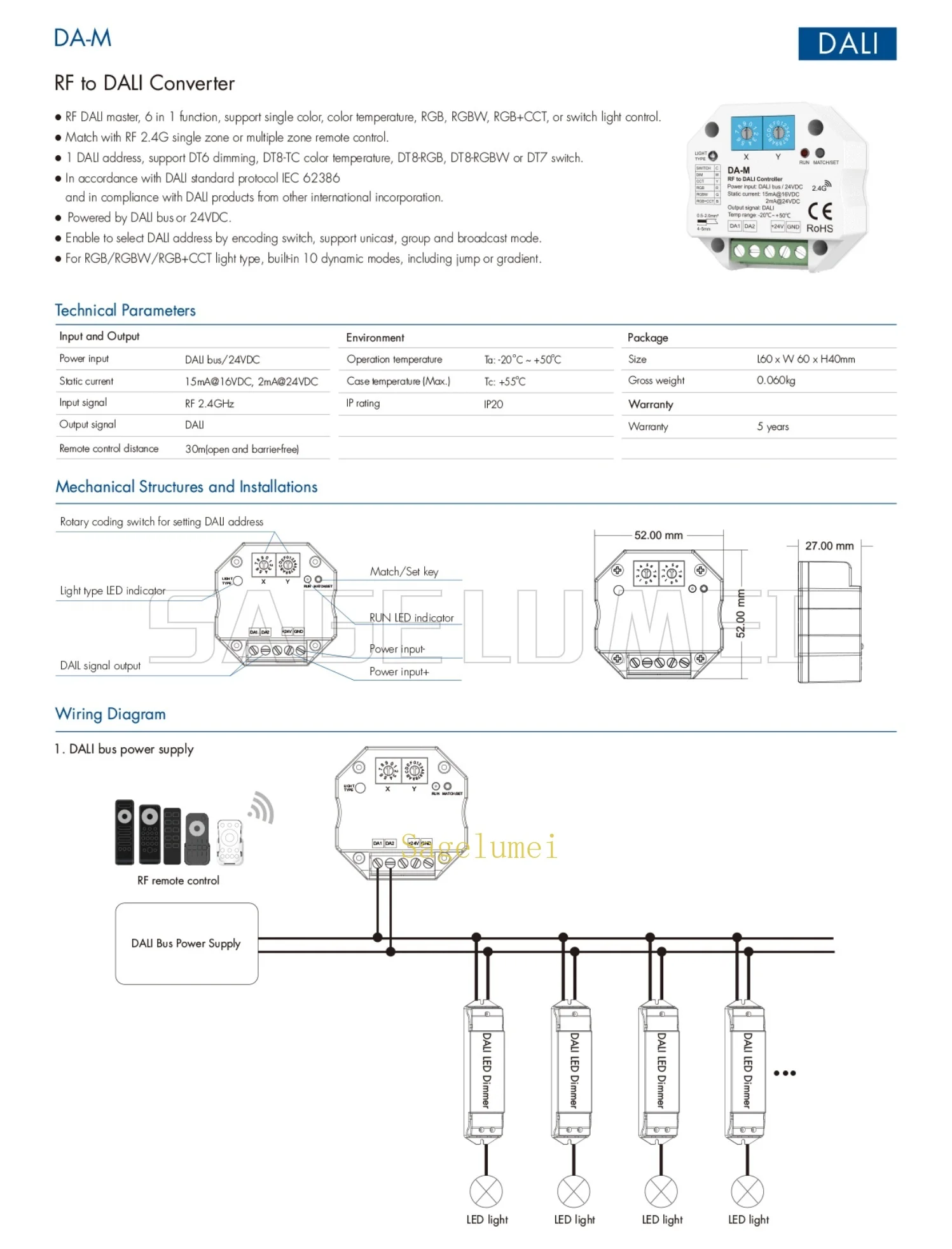DA-M/DA-M(WZ/WT) WiFi / Zigbee & RF To DALI  Dimmer Controller Smart Life Tuya APP For Single Color CCT RGB RGBW RGB+CCT Light