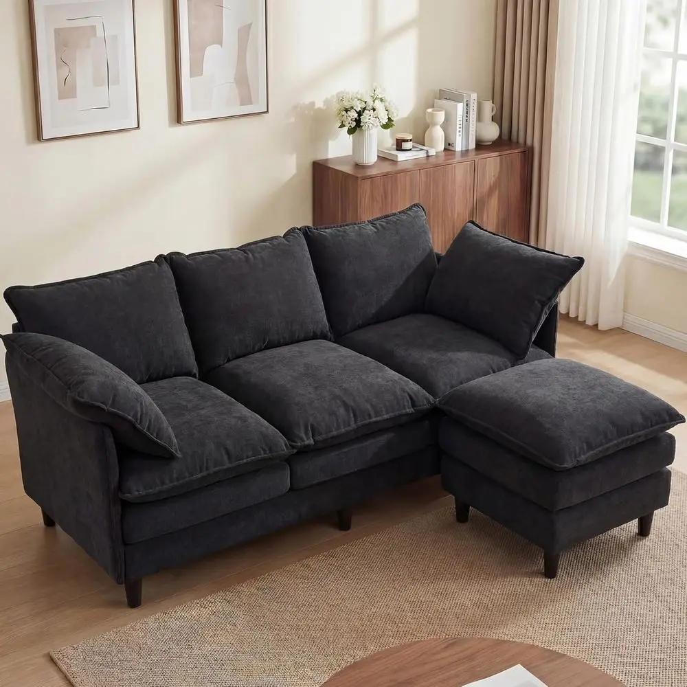 

3 Seater L-Shape Sofa with Ottoman, 69 Deep Cloud Chenille Sofa, 23 Comfy, Washable Covers, Suitable for Living Room, Bedroom, o