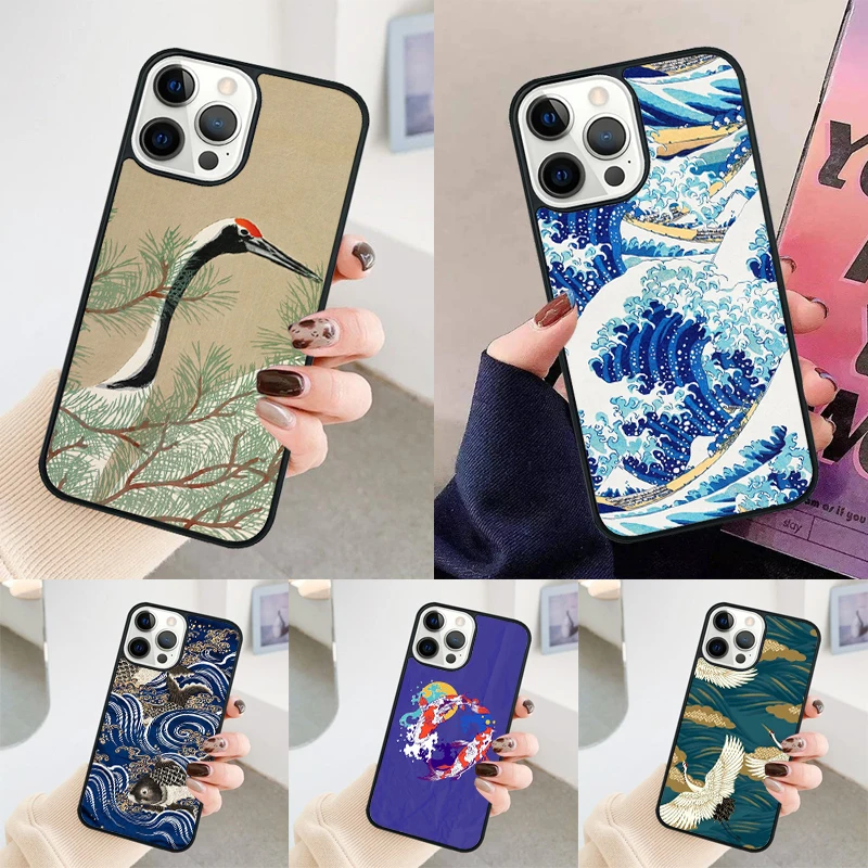 Carp Waves Crane and Brocade Pattern phone case Cover For iPhone 14 15 16 Pro Max SE 2020 For apple 11 12 13 Pro Max 7 8 Plus