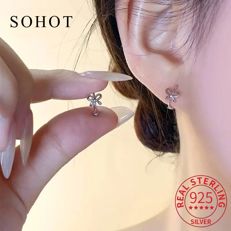 

Real 925 Sterling Silver Mini Hollow Bowknot Hoop Earrings for Charm Women Trendy Personality Fine Jewelry Cute Accessories