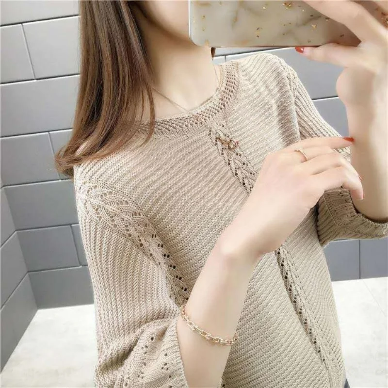 Korean Fashion Women Hollow Out Knitted Sweaters Spring Summer Half Sleeve Solid All-match Jacquard Loose Casual Pullovers Tops