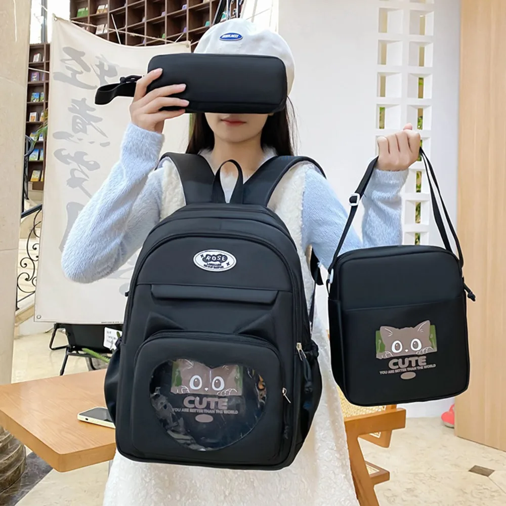 

3pcs/set Nylon Transparent School Backpack Waterproof Large Capacity Students Ita-bag Pencil Bag Stationery Storage