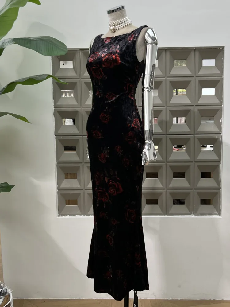 DFDG 2025, Frühling, Sommer, Damen, Vintage, eleganter Druck, Rundhalsausschnitt, ärmelloses Kleid, figurbetontes Meerjungfrau-Abendkleid