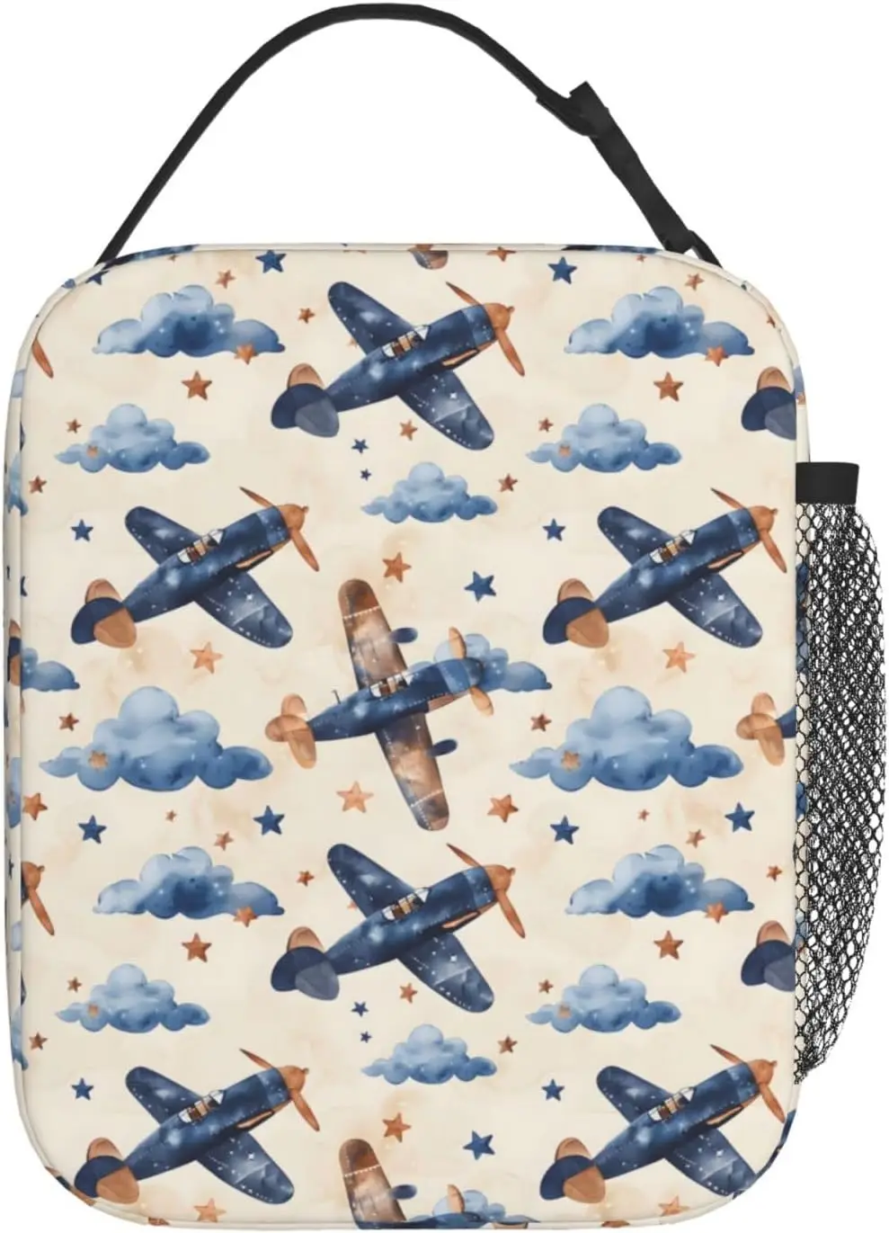 Vintage Airplane Lunch Box for Adults Kids, Insulated Cooler Polyester Lunchbag, Cloud and Star Pattern Handbags for Picnic, Sch