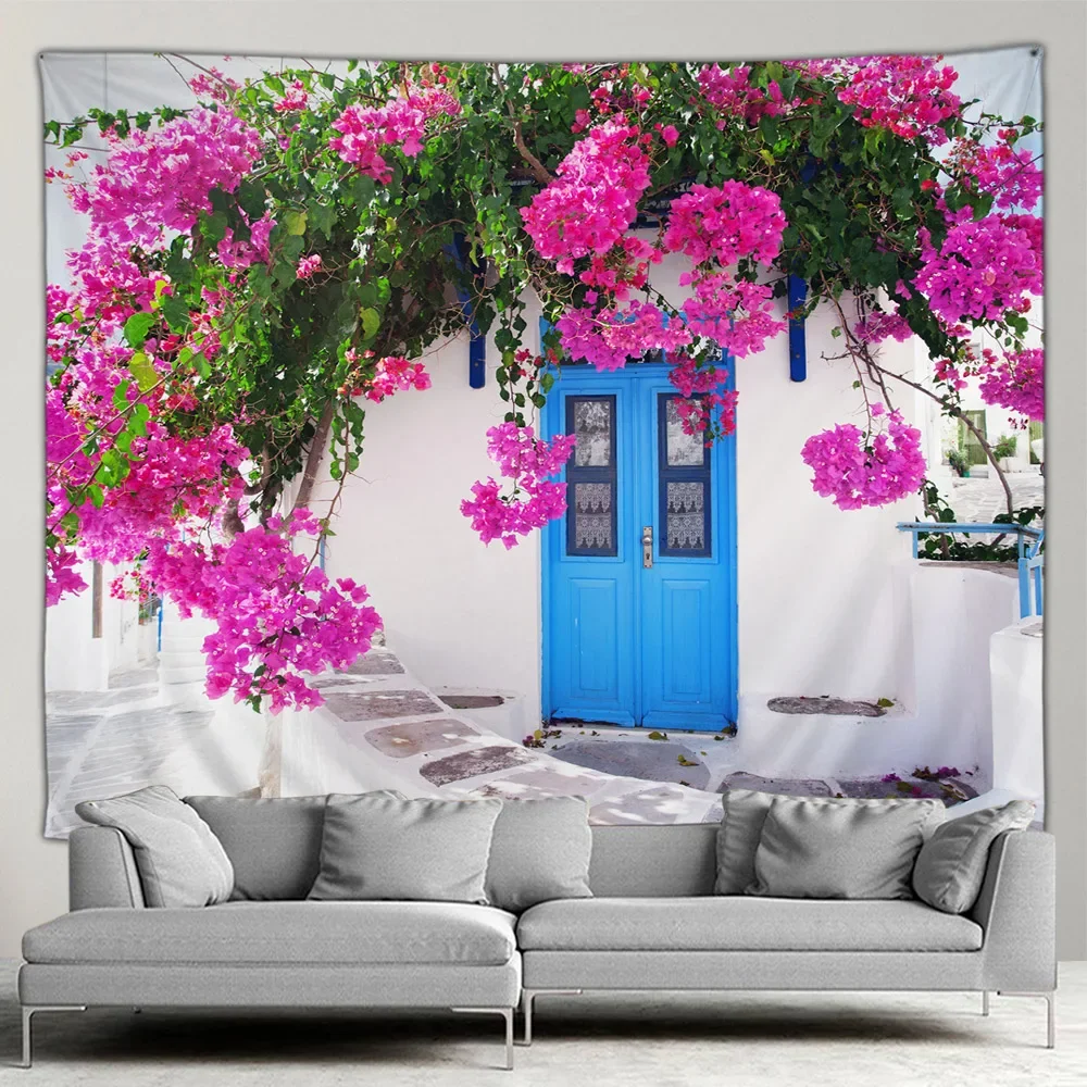 Popular Greece Town Hippie Big Tapestry Spring Flower Street Home Courtyard Patio Wall Hanging Art Deco Blanket Livingroom Mural
