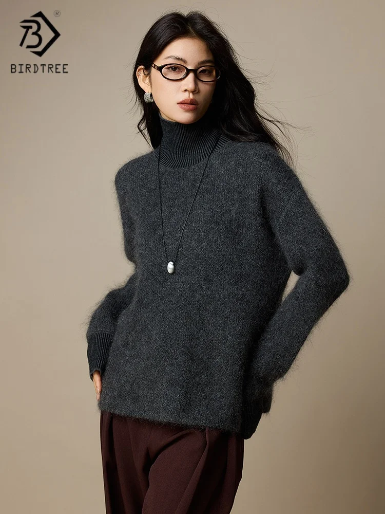 

Birdtree, вязаный свитер из смешанного мохера, женская водолазка, базовый трикотаж, плюшевые топы, серый пуловер осень-зима 2025 T5N803JF
