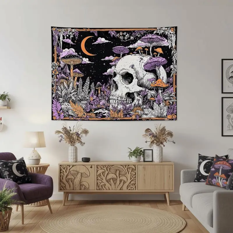 VIKAMA Purple Mushroom Tapestry Skull Crescent Moon Ferns Gothic Mystical Wall Hanging for Bedroom Dorm Room Wall Art Decor
