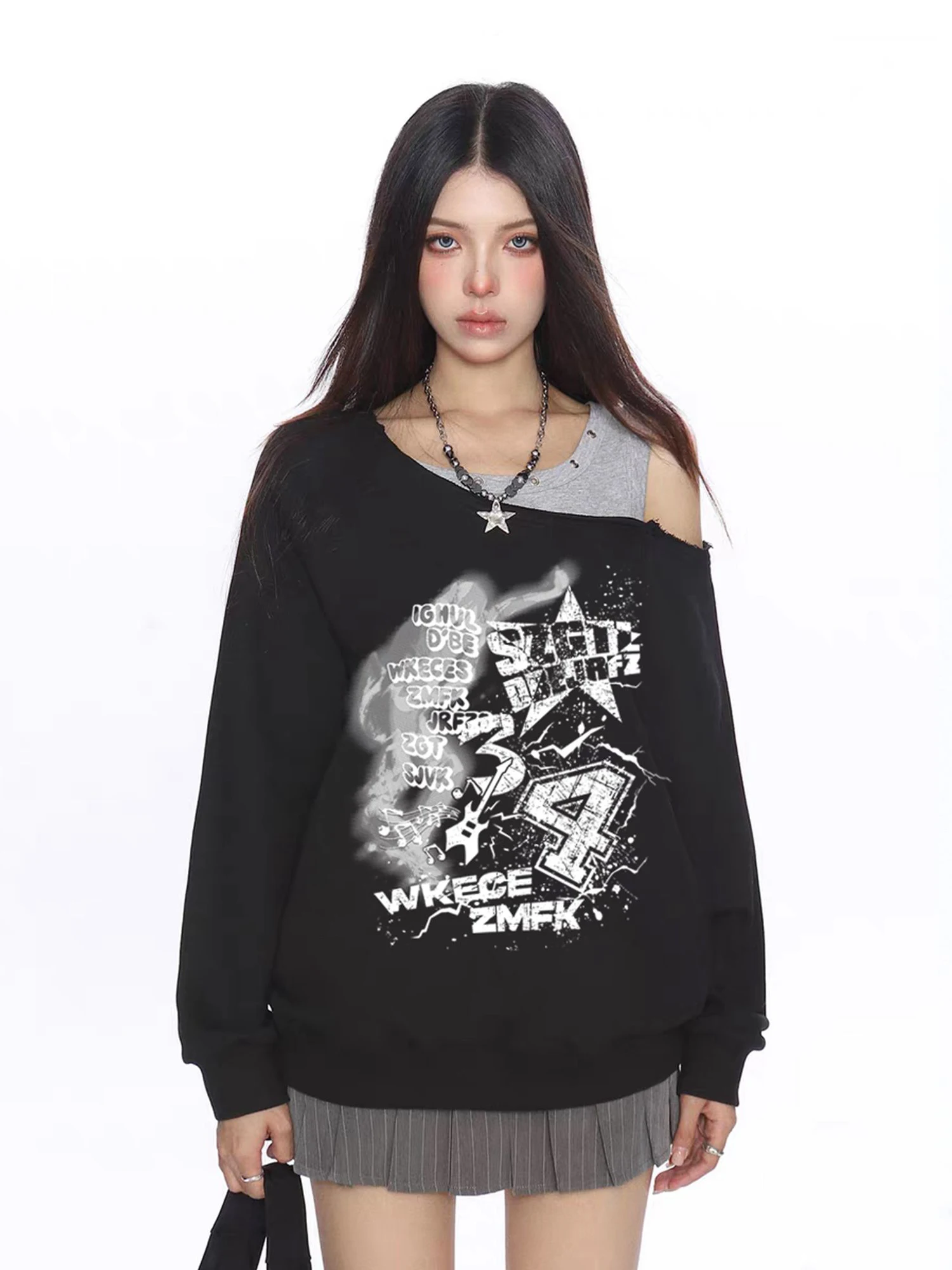Loose Long Sleeve Fish Scale Sweatshirt Women's Fashionable Printed T-shirt Autumn Seasonal Low Waist Fake Two-Piece Top