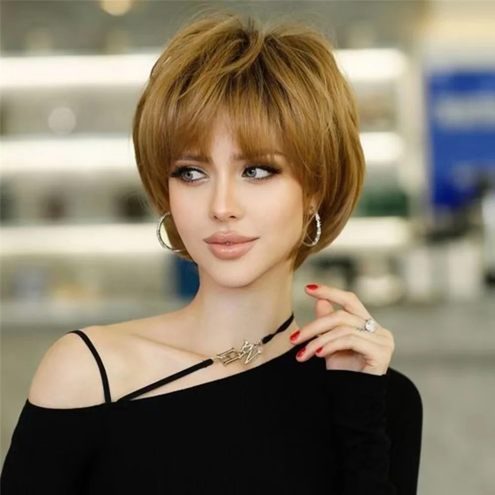 Synthetic wig brown and fashion short wig with bangs for women