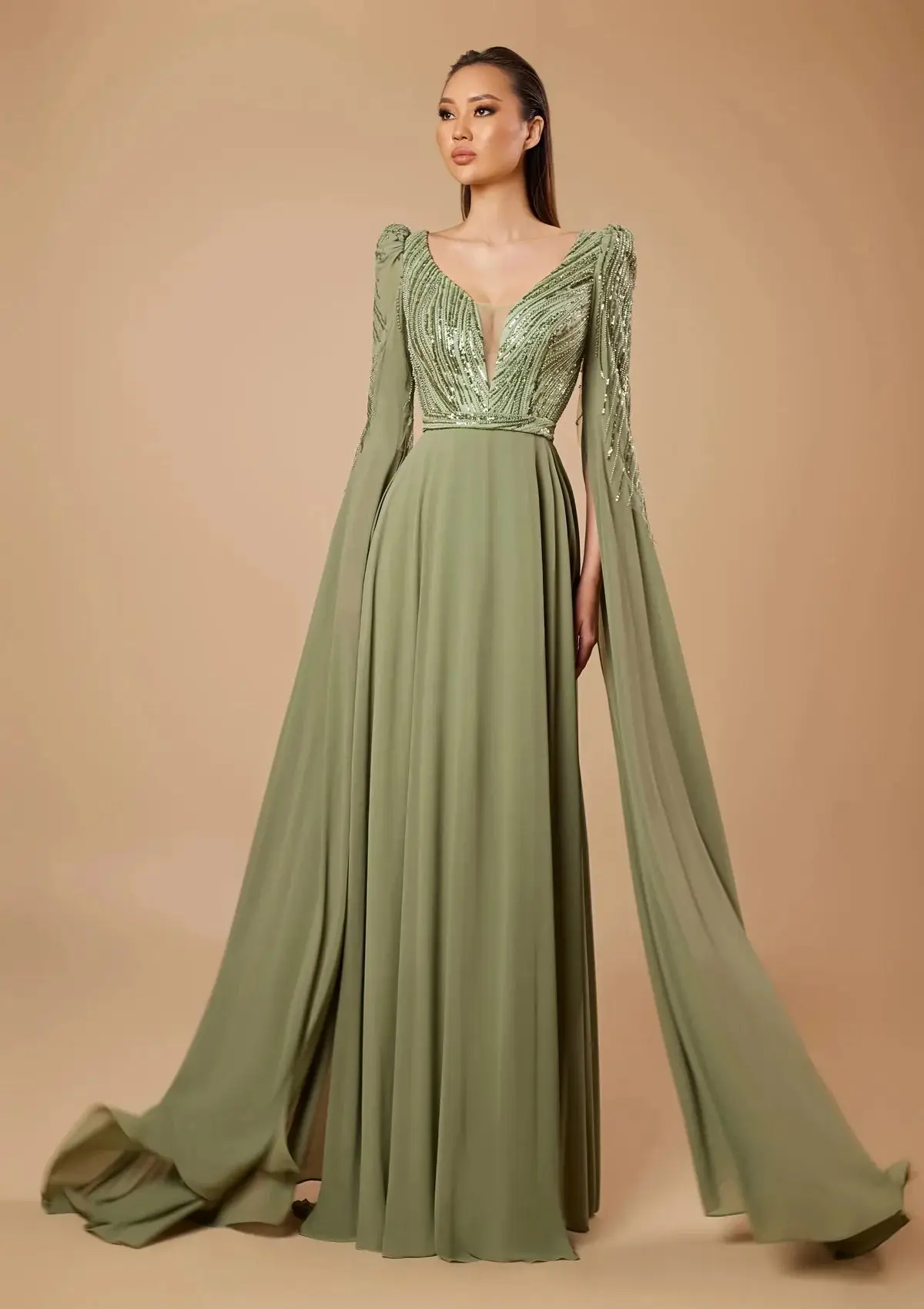 

Green A Line Evening Dresses Shiny Sequins Sleeve Shawls Prom Gowns Long Sleeves Sweep Train Customized Wedding Guest Gowns