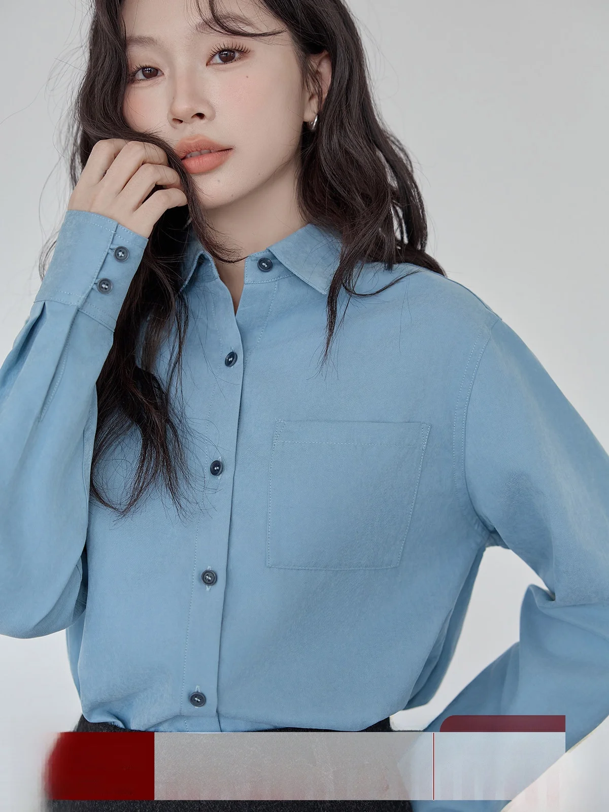 

Ele Long Sve Women's irt Huixi Mist Blue Slimming Faionable Korean Sle Commute Wind Regular Thin Pure Color
