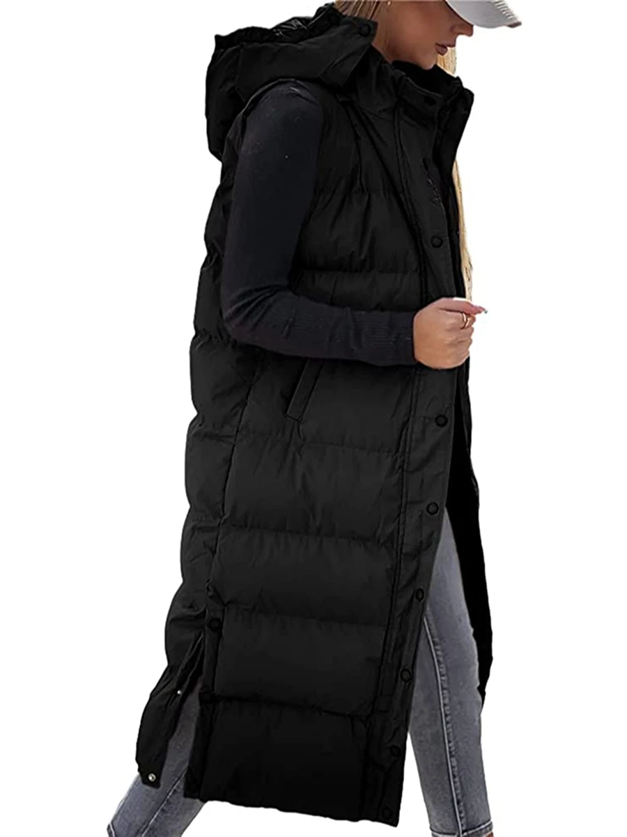 

Женская зимняя куртка без рукавов с капюшоном и застежкой-молнией, пышный жилет, однотонное теплое зимнее пальто