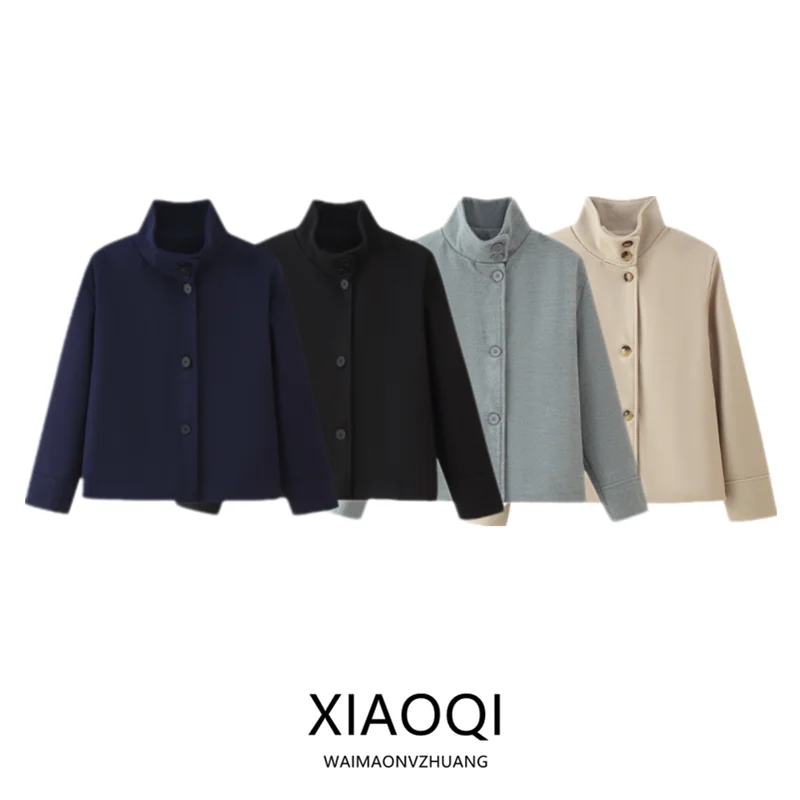 

2025 Autumn New Sle Women's Commuter Long Sve Stand Collar Button ort Loose Woolen Coat Ladies Faion Outerwear