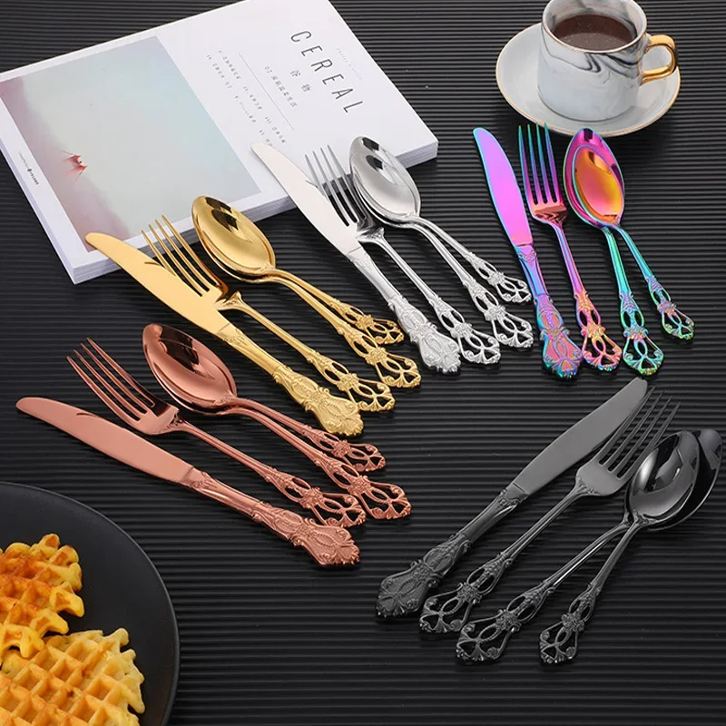 24pcs Royal Cutlery Set Black Stainless Steel Spoon Forks Knives Dinnerware Kitchen Western Dinner Silverware Tableware Gift