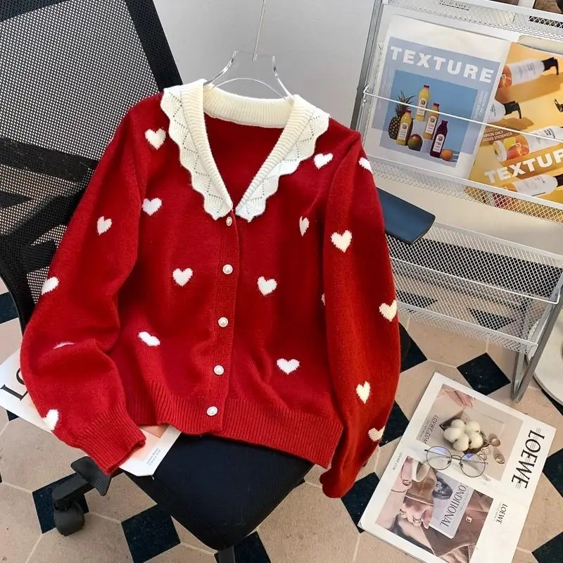 Peter Pan Collar Knitting Cardigan Coat Women Autumn Winter Fashion Love Jacquard Sweater Sweet Preppy Style Trend Knitwear Tops