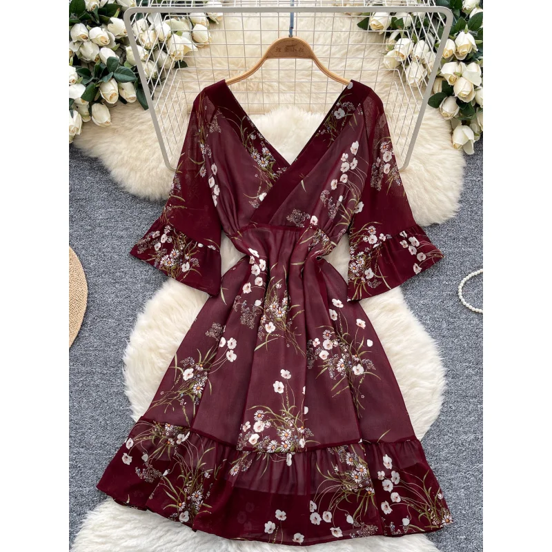 Boho v neck women summer floral print chiffon backless midi dress casual elastic waist a-line vestido de festa beach vestidos