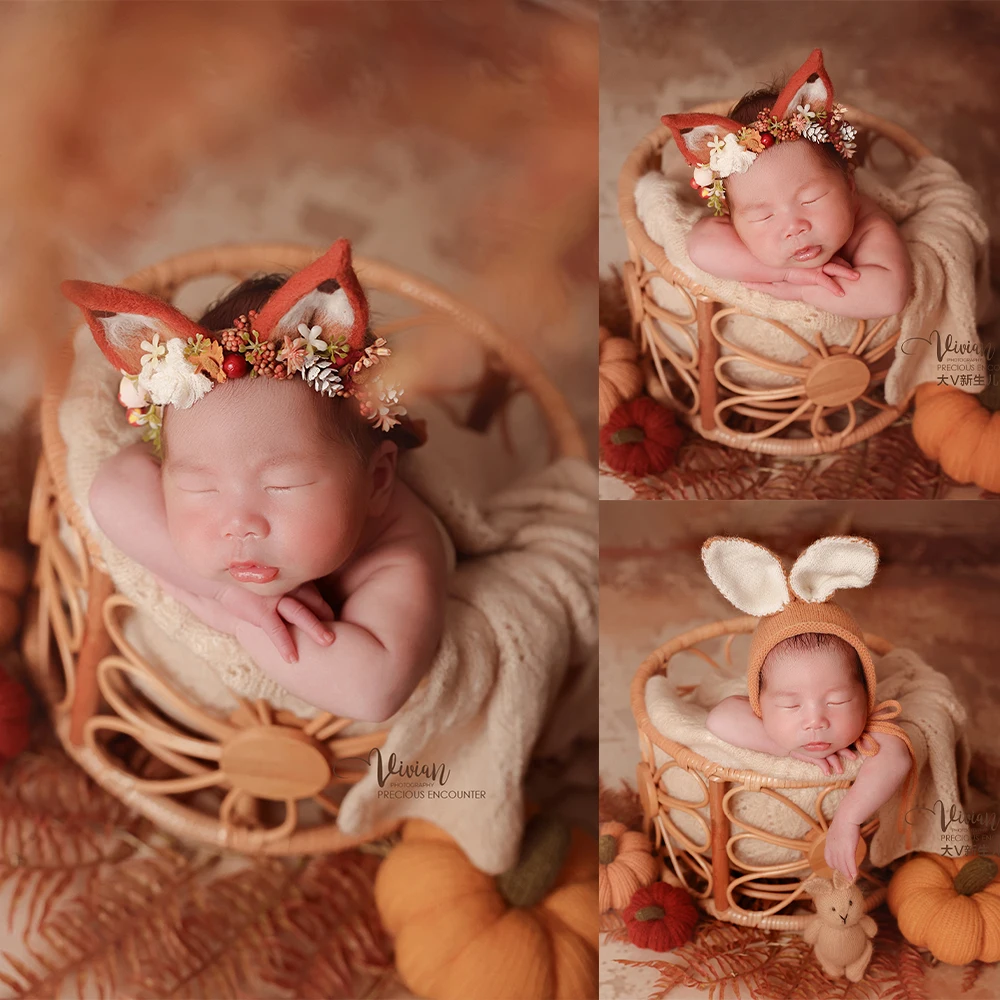 

Fall Themed Newborn Photography Set Fox Ear Headband Bunny Hat Cozy Blanket Pumpkin Decor for Studio Baby Autumn Photoshoot Prop