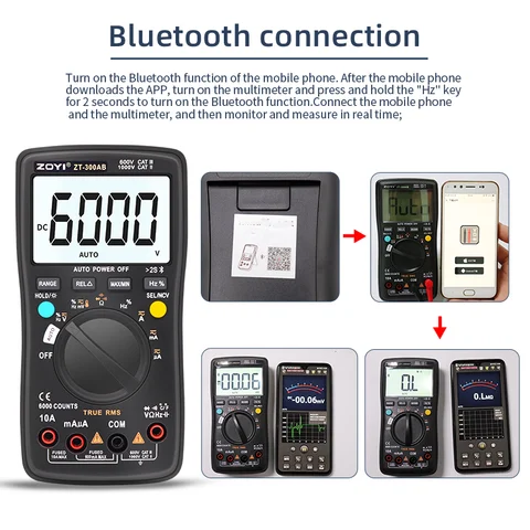 ZT-300AB Bluetooth Digital multimeter Testare Multitestare True RMS Testare Automatiskt läge Räkneverk Mäter Spänning Ström Motstånd 8 best sales Bluetooth-multimeter - №2