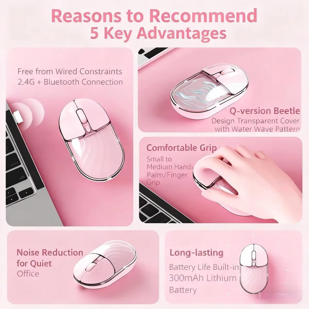Mini mouse wireless dual mode Connettività Bluetooth 2.4G Batteria a lunga durata Mouse da ufficio ergonomico muto ricaricabile da 1600 DPI