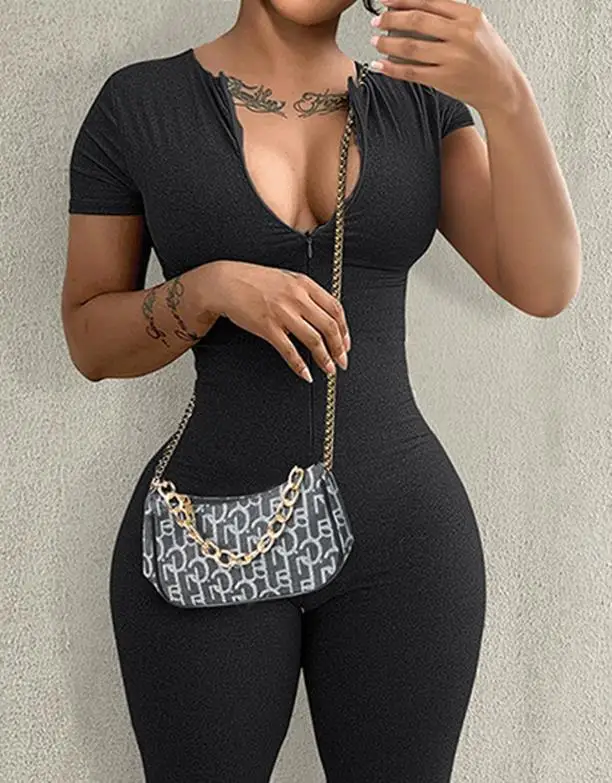 Women Jumpsuits 2023 Round Neck Sexy Leggings Zipper Design Female Conjoined Body Pants Summer New Streetwear Y2k Clothes