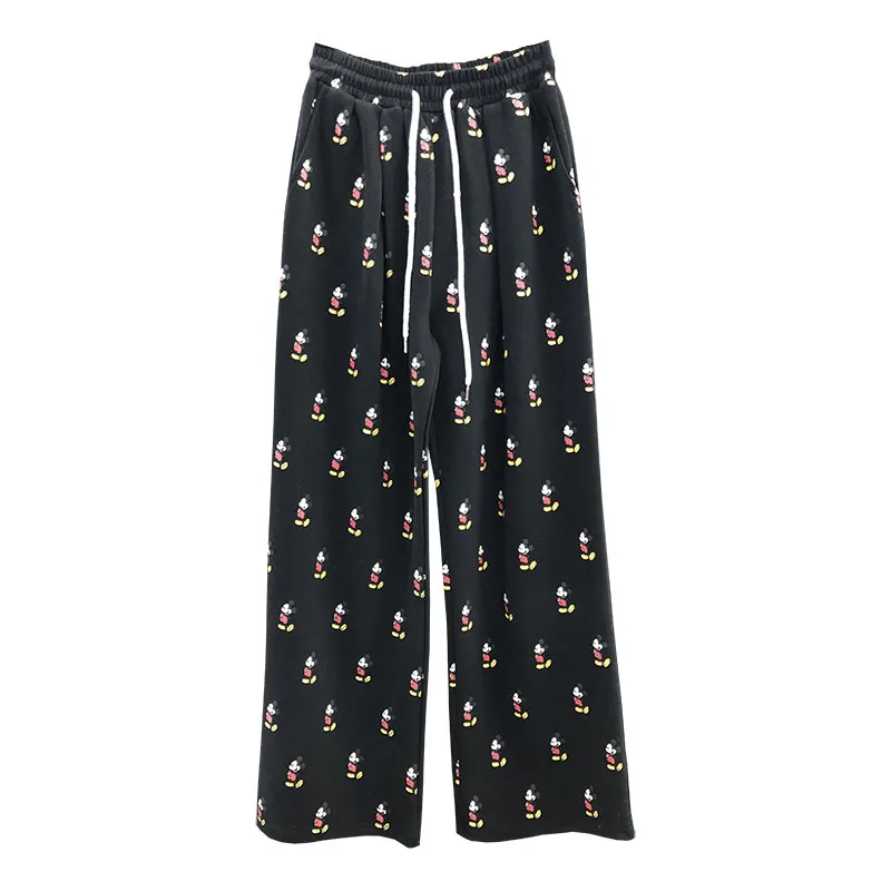 Potdemiel Cartoon Printed Wide-Leg Pants Sweatpants Women's Spring Drawstring High Waist Loose Slimming Straight Casual Trousers