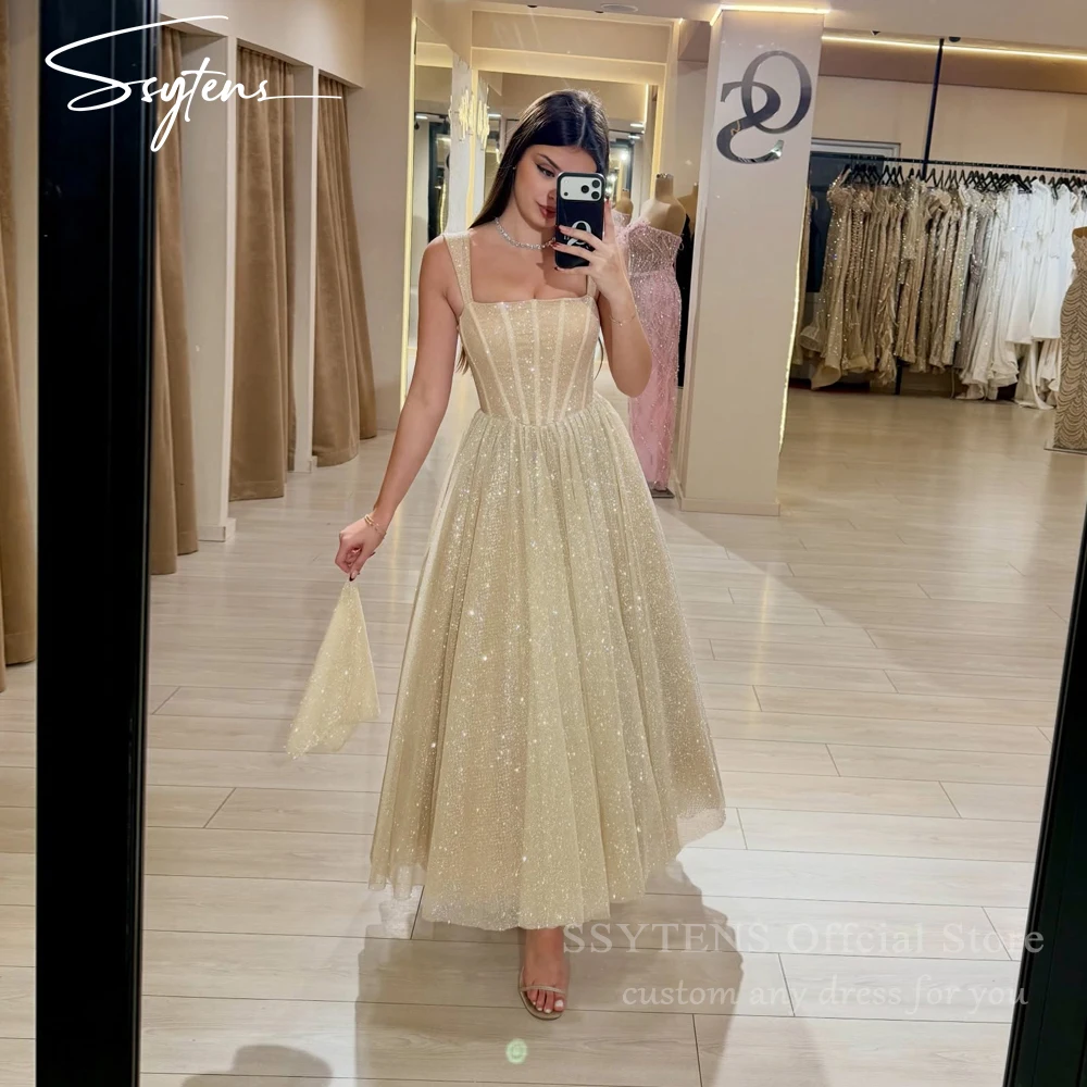 

SSYTENS Glitter Champagne Evening Dresses A-Line Spaghetti Strap Midi Prom Dress Sleeveless Formal Wedding Party Gown Customized