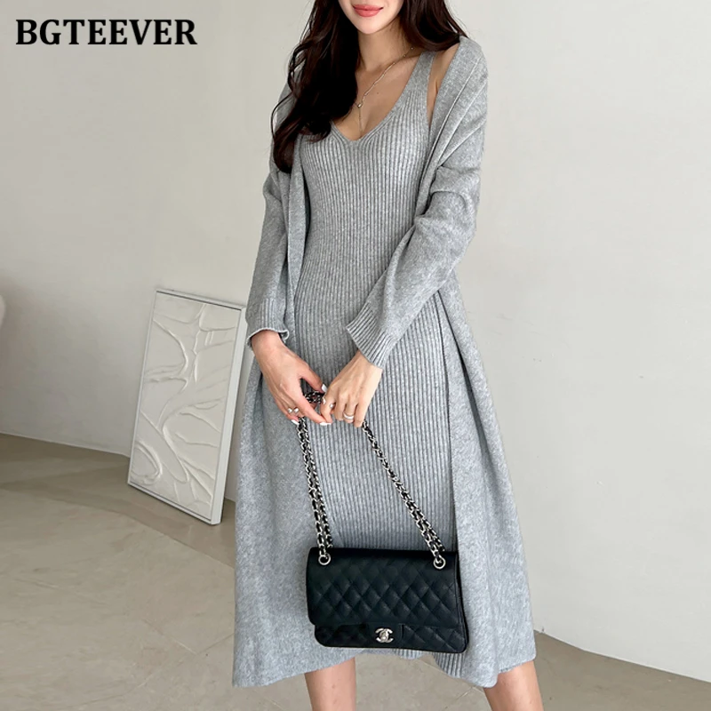 BGTEEVER Elegant Ladies Knitted Dress Set Long Knitted Cardigans Women V-neck Bodycon Sweater Dress Autumn Winter