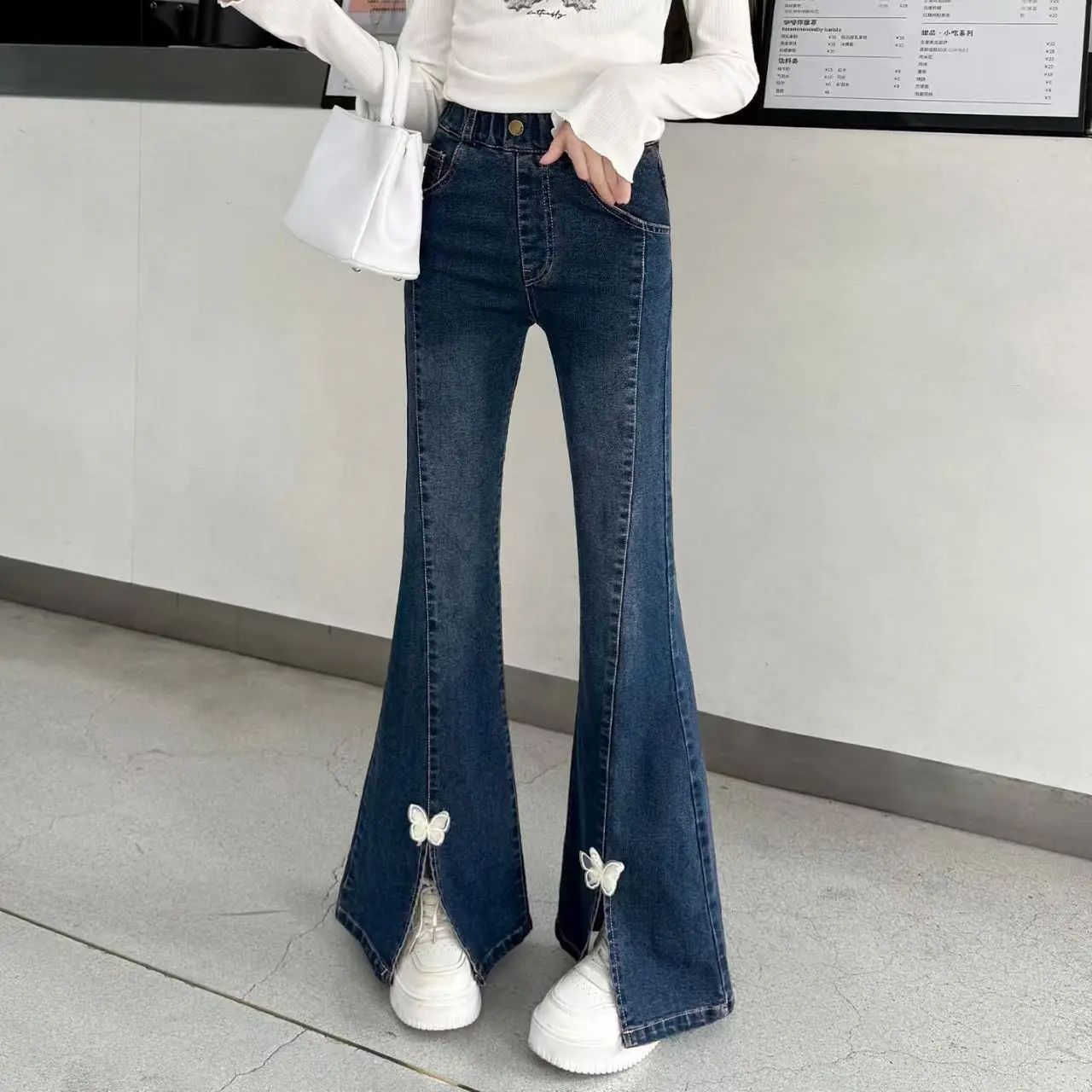 

Autumn Tween Girls' Elastic Flare Jeans - Slim Fit Slimming Jeans with Side Slit, Stylish Kids' Pants for Girls, Hot Sale