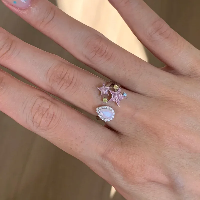 Romantic and fashion style inlaid water droplets gemstones pink diamonds stars rings exquisite sweet ring wedding jewelry