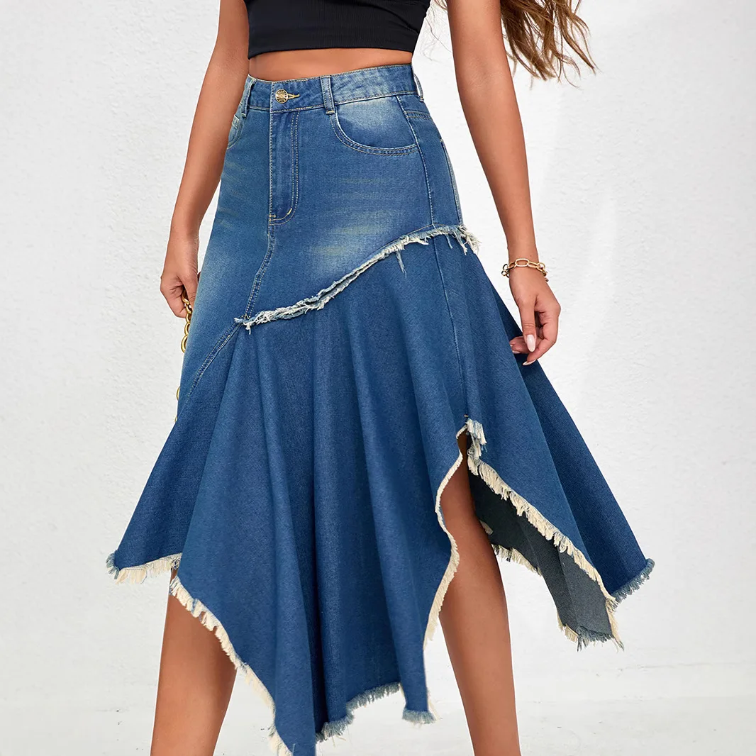 

New Irregular Patchwork Denim Skirt for Spring and Summer. Casual Big Swing Tassel Design High-waisted Dress for Women's Fashion
