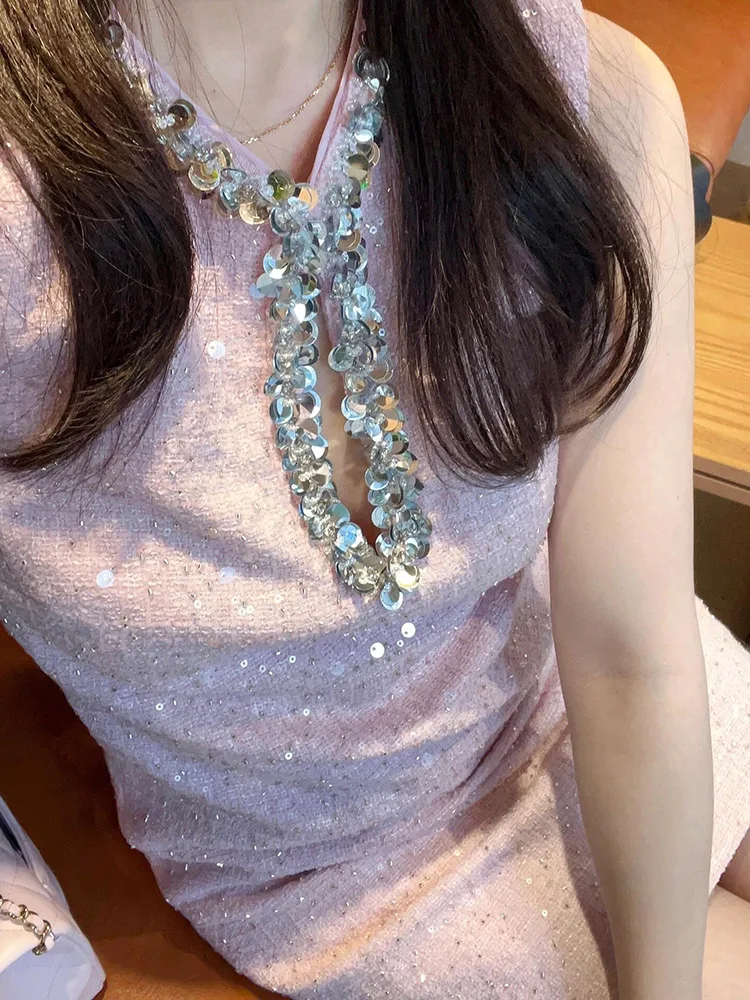 Women Pink Mini Dress Sequin Beaded Hollow Out Round Neck Sleeveless Sweet Autumn 2024 Short Robe