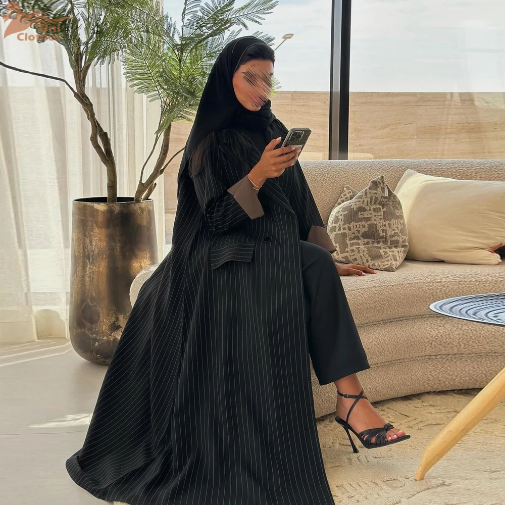 Uni Ramadan Muslim Women's Striped stylish Open abaya Elegant Casual Dresses Dubai Folds Sleeve Kaftan