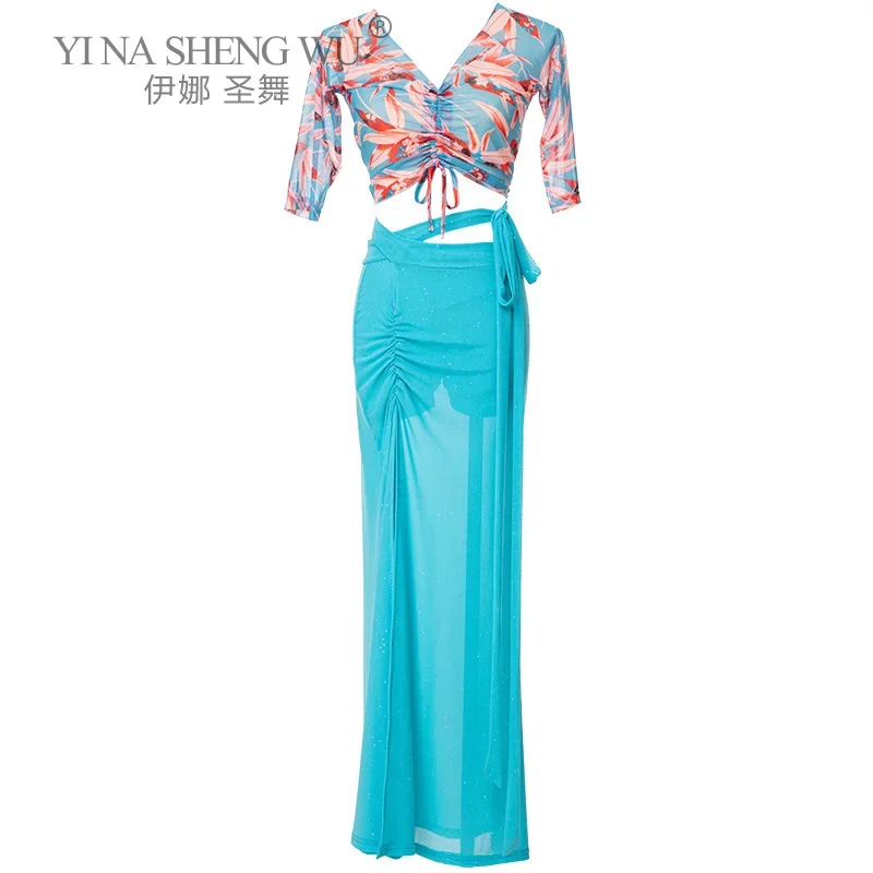 Zestaw do tańca brzucha dla dorosłych kobiet: elegancki, chłodny i oddychający top z nadrukiem, długa spódnica, profesjonalna odzież do występów tanecznych.