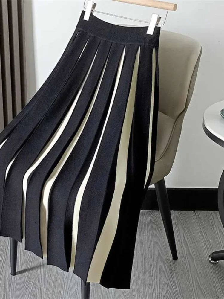 여성 니트 플리츠 스커트 패션 하이 웨스트 우아한 올 매치 캐주얼 a 라인 컬러 블로킹 스커트 봄 가을 새로운