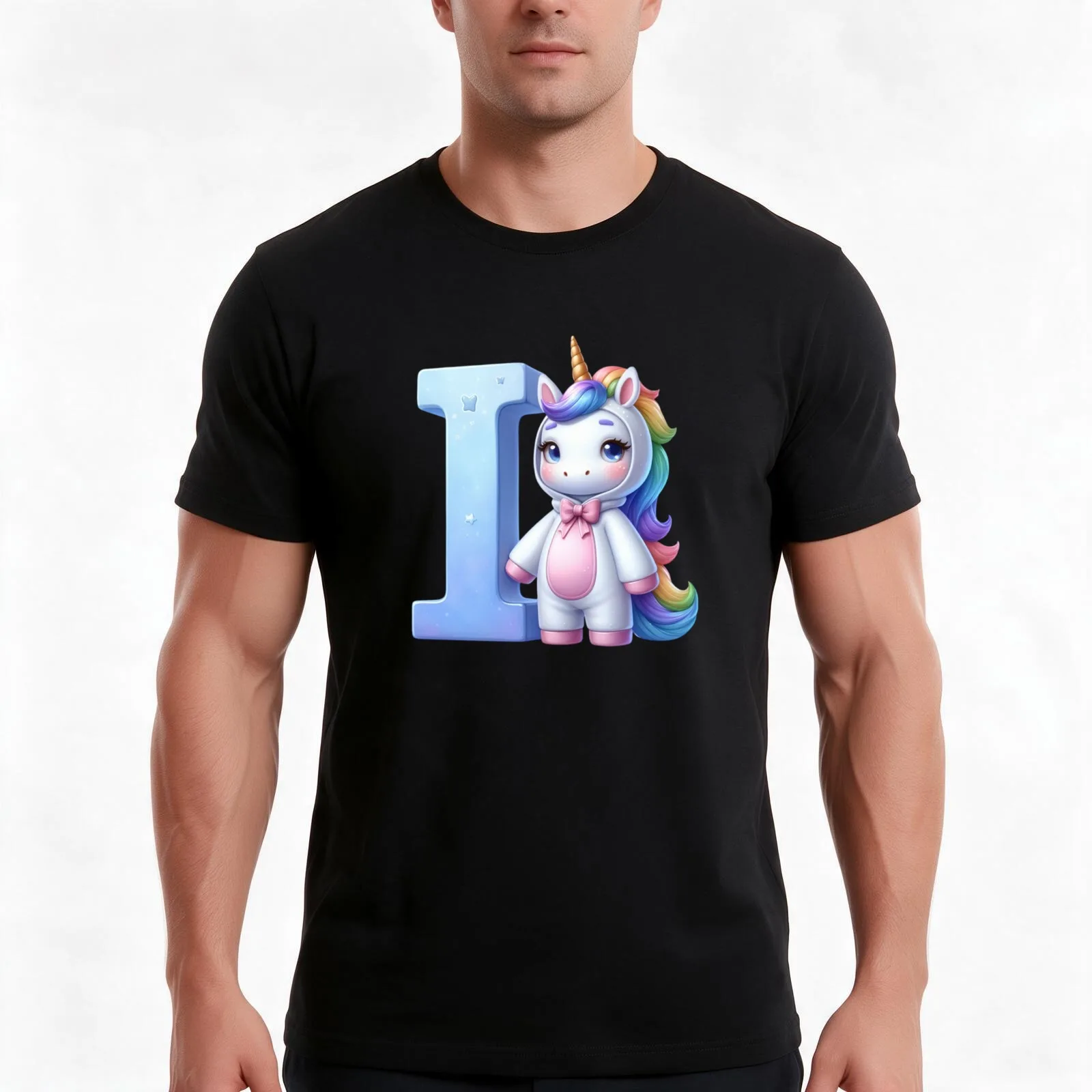 Unicorn kawaii alphabet monogram letter I T-Shirt Summer Casual Cotton Tee Oversized Streetwear Tops Vintage Graphic Print