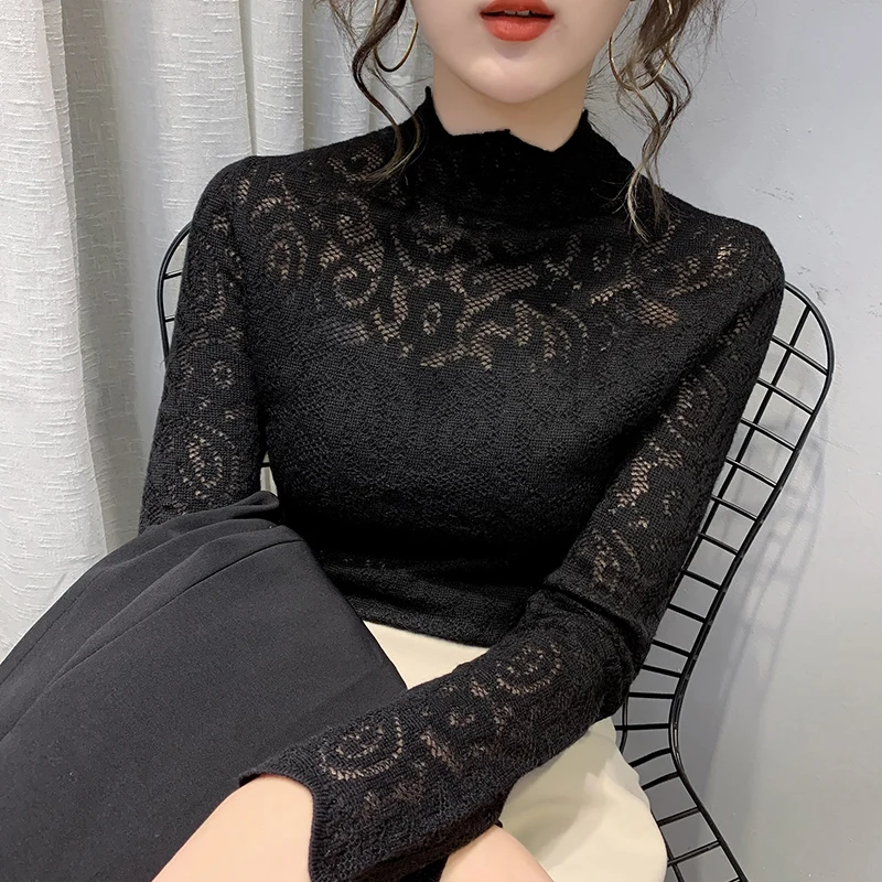 

Pullover Sweater Solid Color Women's Thick Warm Half Turtleneck Hollow Crocheted Lace Slim Autumn and Winter Top Bottoming Shirt