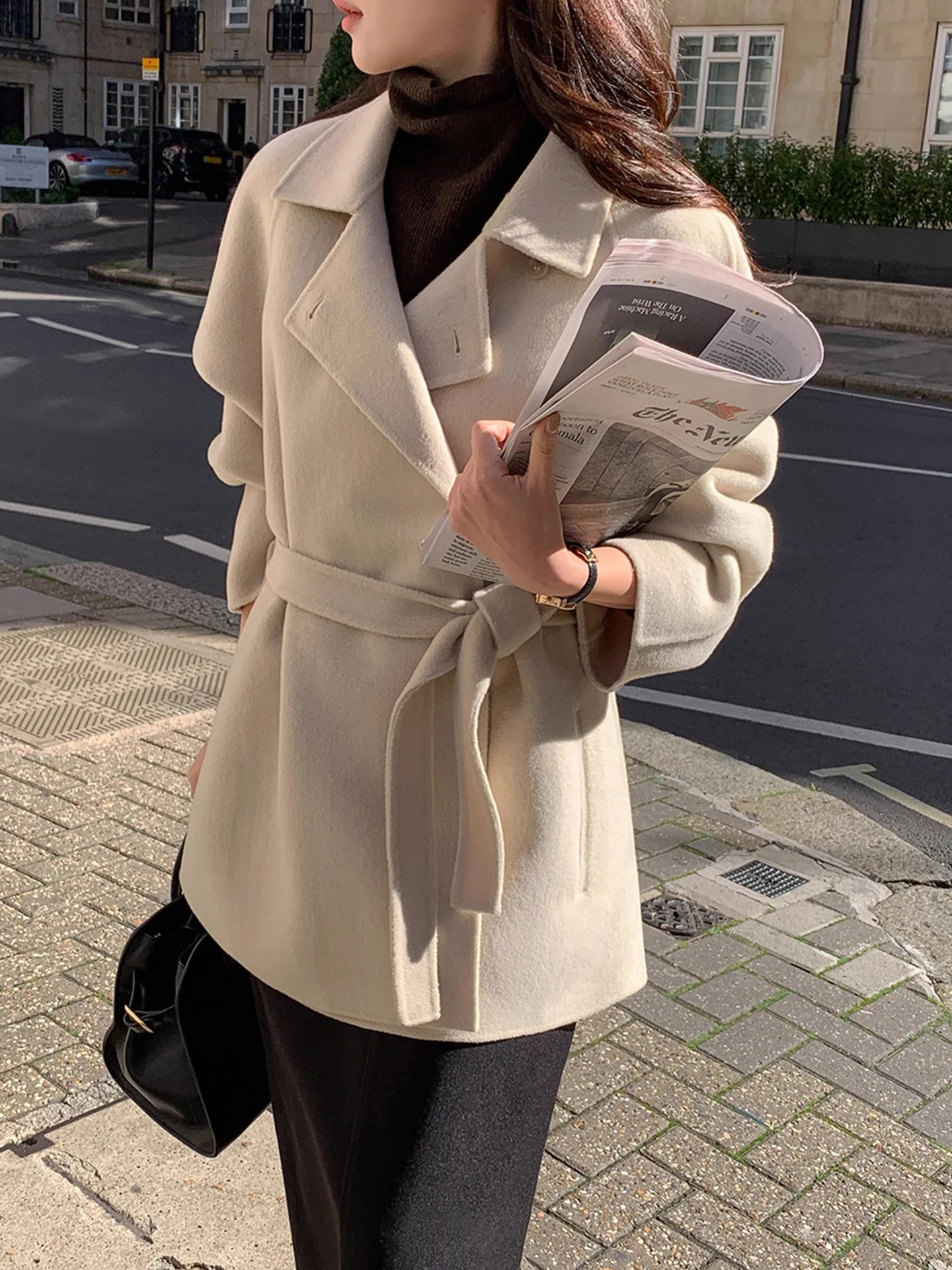 

Ele двубортное однотонное шерстяное пальто, женское зимнее новое пальто с поясом и поясом, верхняя одежда Fem